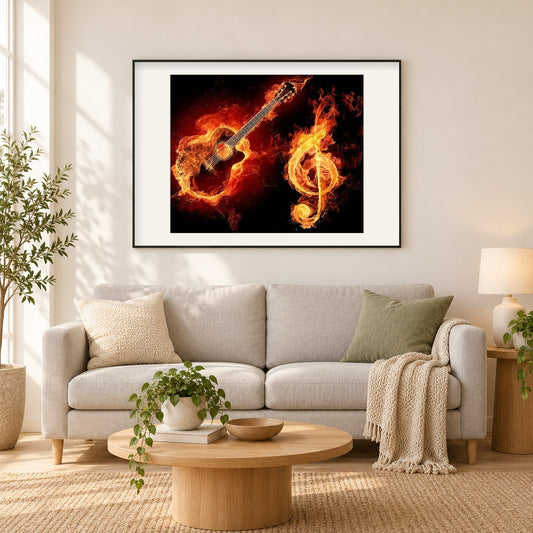 Flammende Musik als gerahmtes Diamond Painting im Wohnzimmer