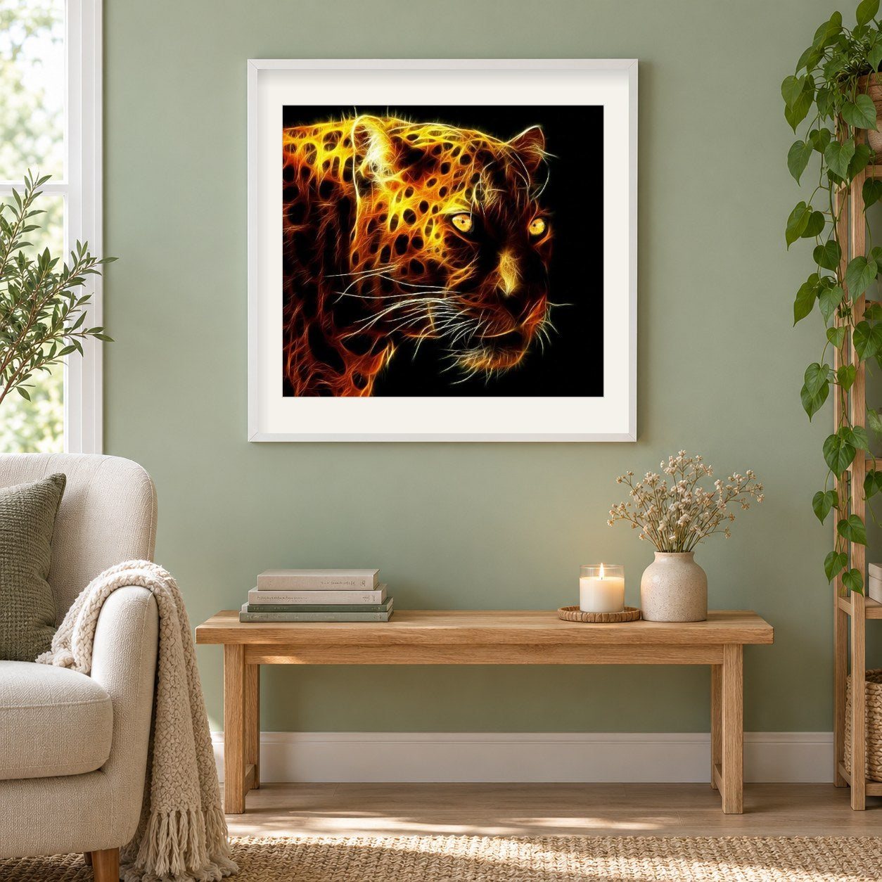 Flammender afrikanischer Leopard als gerahmtes Diamond Painting im Wohnzimmer