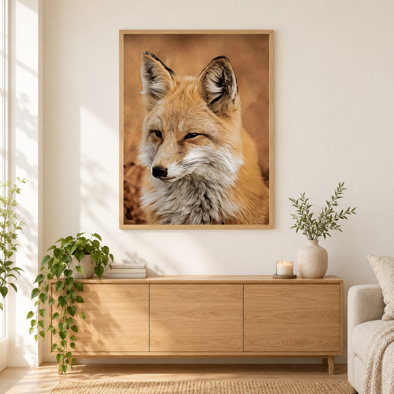 Fuchs - Kunst des Denise Dundon als gerahmtes Diamond Painting im Wohnzimmer