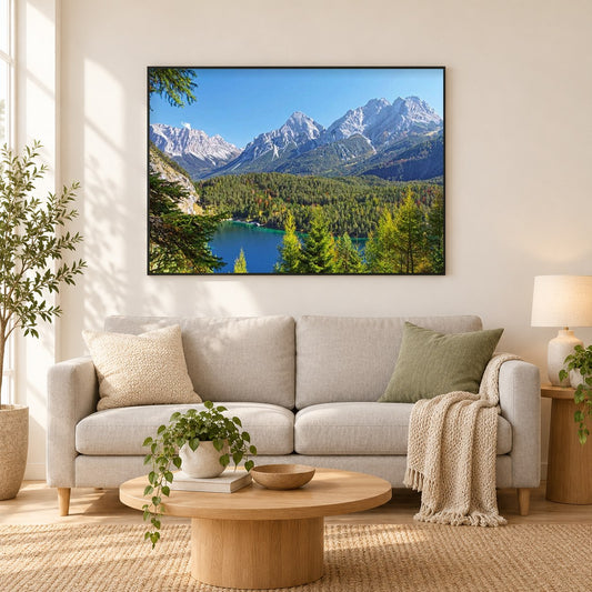 Friedliche Berge als gerahmtes Diamond Painting im Wohnzimmer