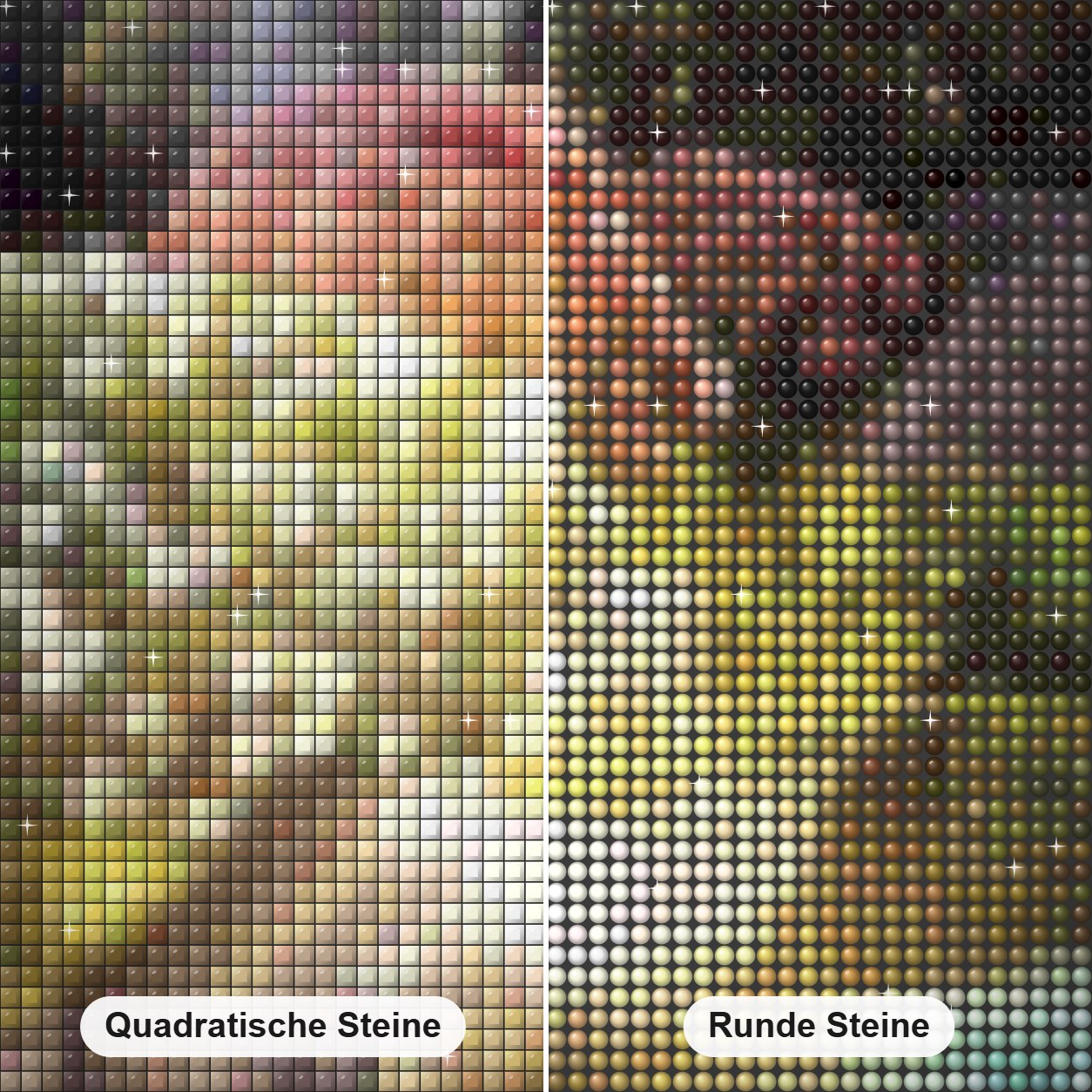 Garten der Freundschaft - Kunst des Jean Guillet Diamond Painting Nahaufnahme mit quadratischen und runden Steinen