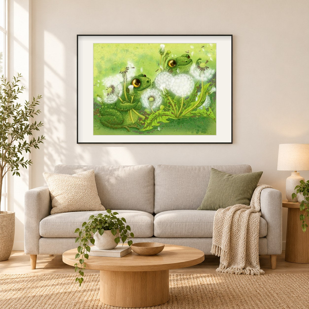 Frösche & Löwenzahn als gerahmtes Diamond Painting im Wohnzimmer