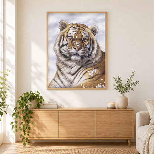 Eisig - Kunst des Eric Wilson als gerahmtes Diamond Painting im Wohnzimmer