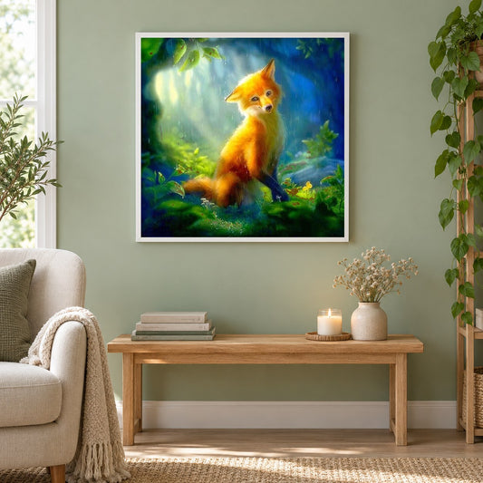 Fuchs im Wald unter Regen als gerahmtes Diamond Painting im Wohnzimmer