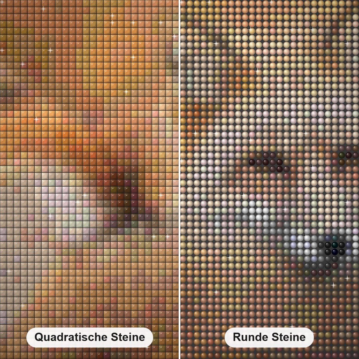 Fuchs Diamond Painting Nahaufnahme mit quadratischen und runden Steinen