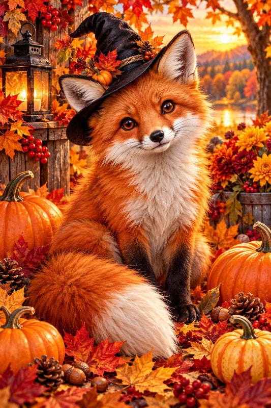 Fuchs mit Hexenhut im Herbstlaub Diamond Painting