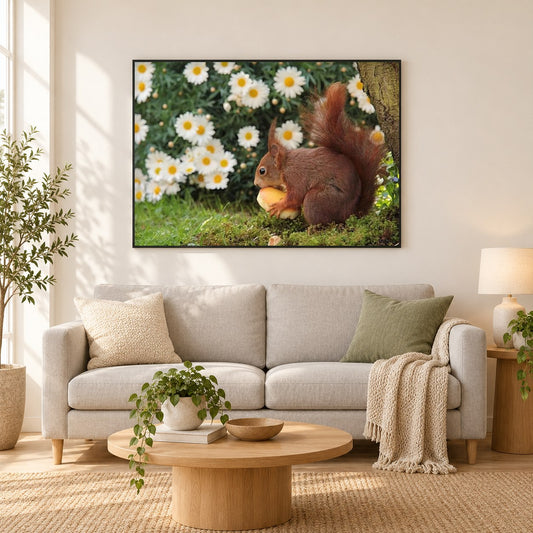 Gänseblümchen Blumen & Eichhörnchen als gerahmtes Diamond Painting im Wohnzimmer