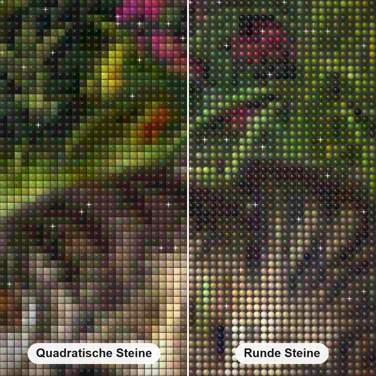 Gartenkatze Diamond Painting Nahaufnahme mit quadratischen und runden Steinen