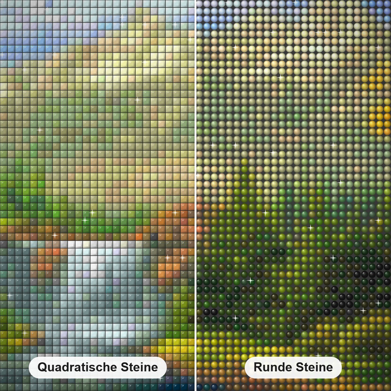 Gebirgsbach Diamond Painting Nahaufnahme mit quadratischen und runden Steinen