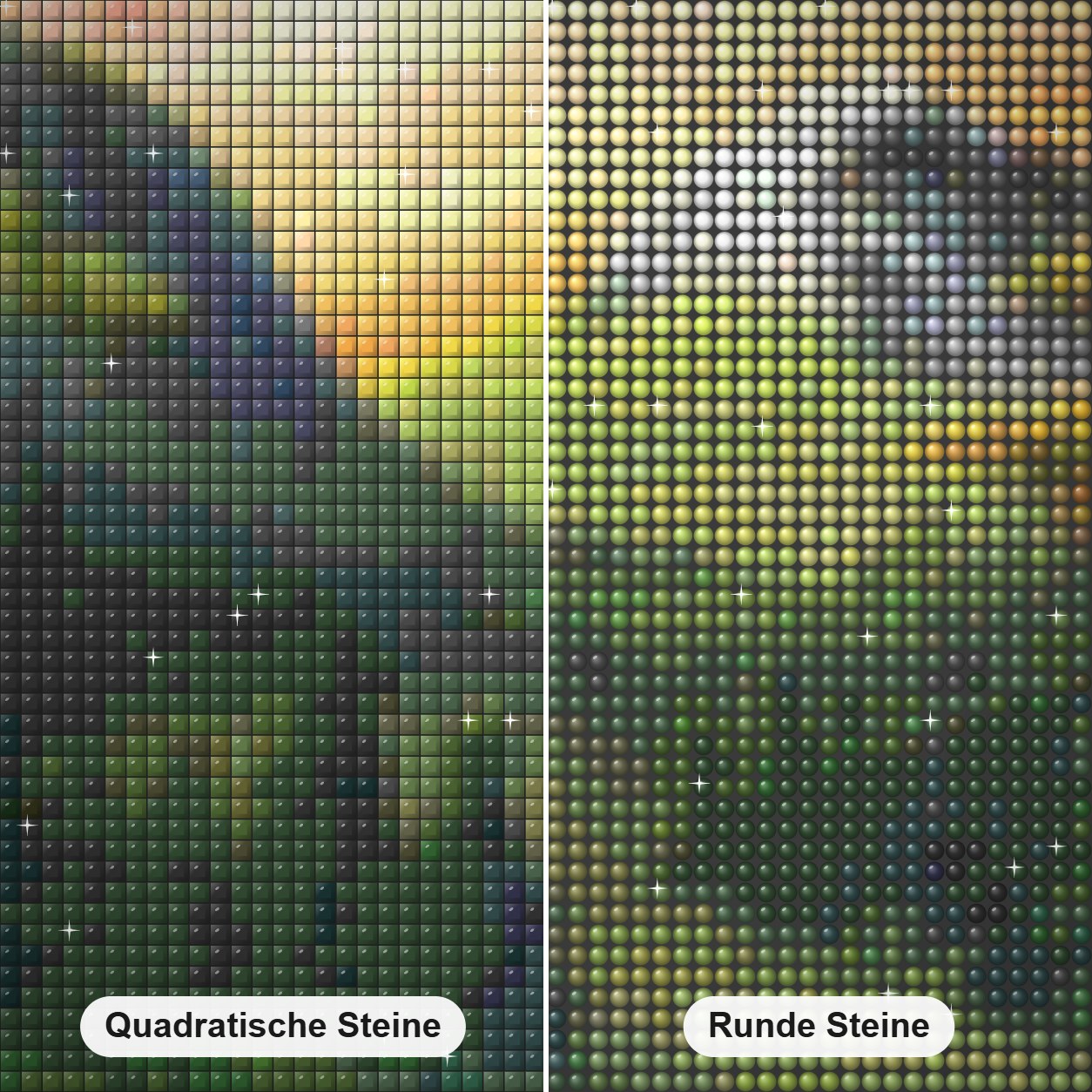 Fluchtbucht - Kunst des Liam Kelly Diamond Painting Nahaufnahme mit quadratischen und runden Steinen