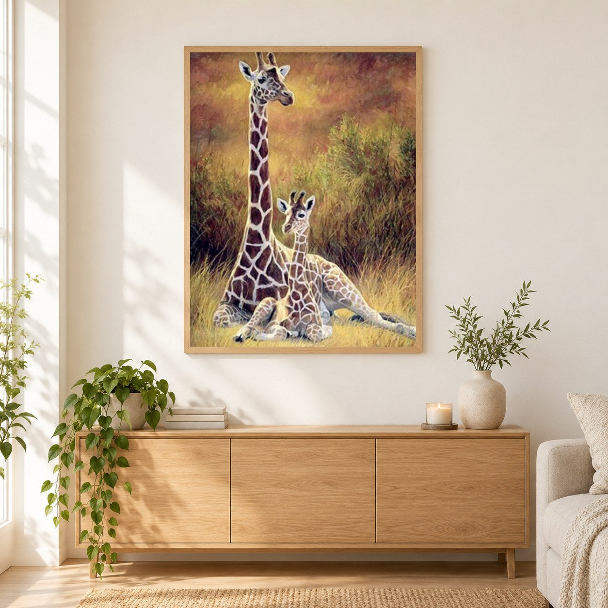 Giraffe & Babysitting im Wald als gerahmtes Diamond Painting im Wohnzimmer
