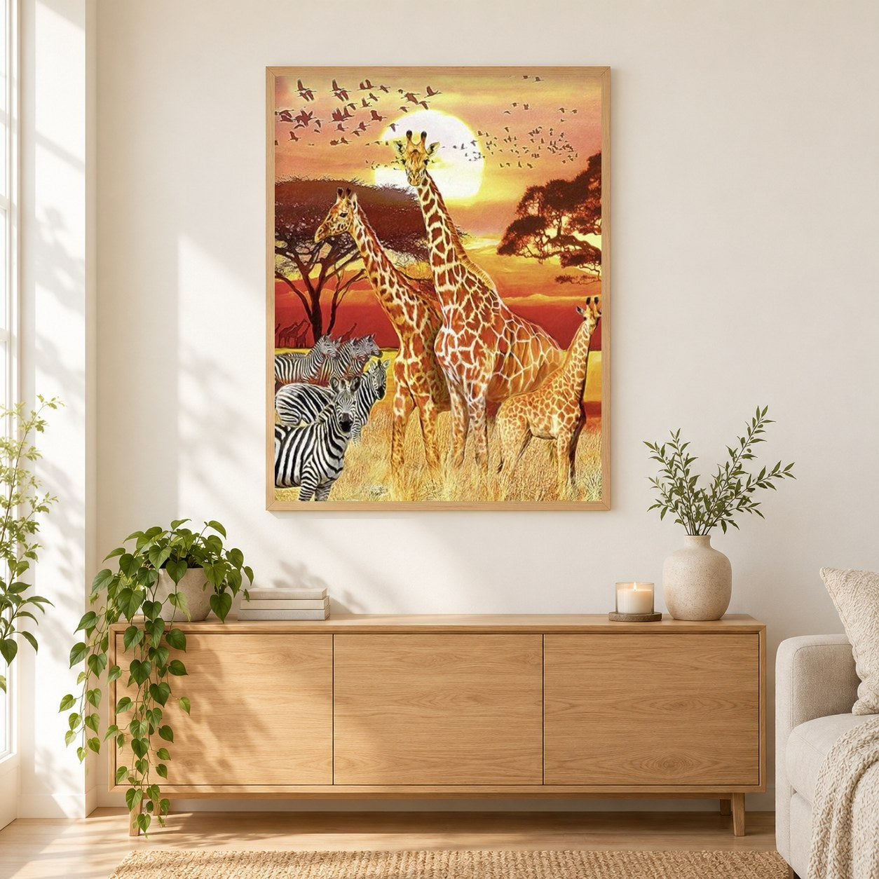 Giraffen & Zebras als gerahmtes Diamond Painting im Wohnzimmer