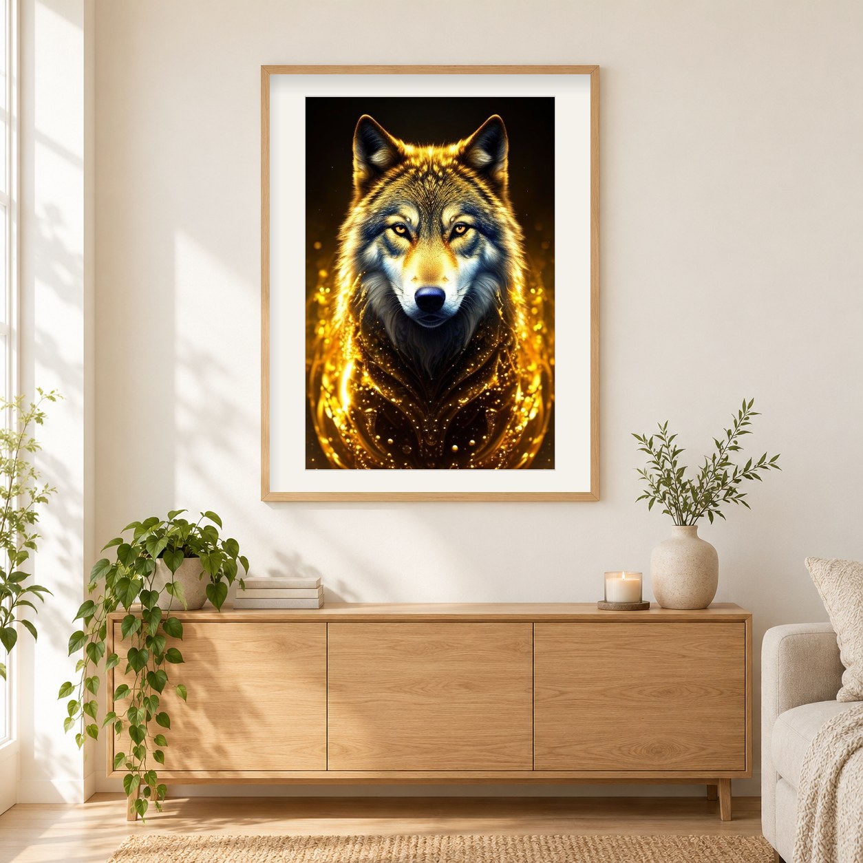 Glänzender Wolf als gerahmtes Diamond Painting im Wohnzimmer