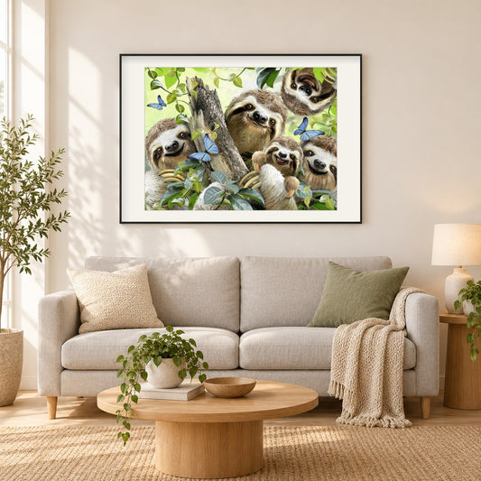 glückliche Faultierfamilie als gerahmtes Diamond Painting im Wohnzimmer