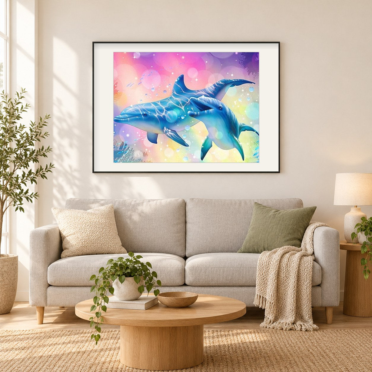 Glückliches Delfinpaar als gerahmtes Diamond Painting im Wohnzimmer