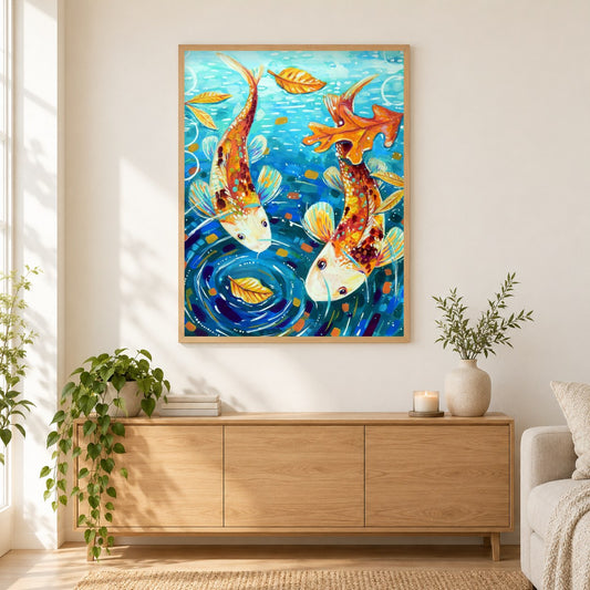 Goldener Koi des Glücks - Kunst des Sandra Trubin als gerahmtes Diamond Painting im Wohnzimmer