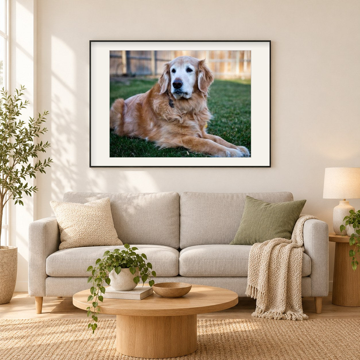 Golden Retriever Hund als gerahmtes Diamond Painting im Wohnzimmer