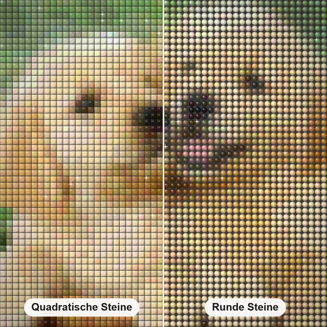 Golden Retriever Welpen im Korb Diamond Painting Nahaufnahme mit quadratischen und runden Steinen