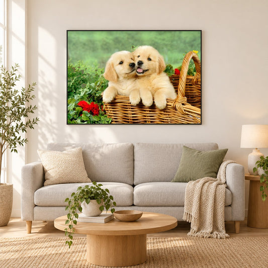 Golden Retriever Welpen im Korb als gerahmtes Diamond Painting im Wohnzimmer