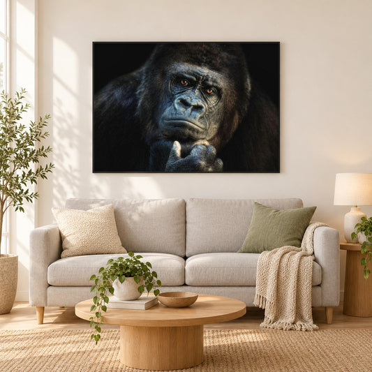 Gorilla als gerahmtes Diamond Painting im Wohnzimmer