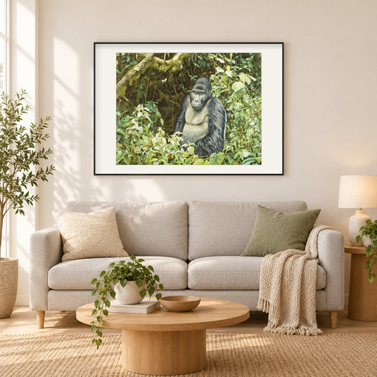 Gorilla Khazui Biega -  Kunst des Eric Wilson als gerahmtes Diamond Painting im Wohnzimmer