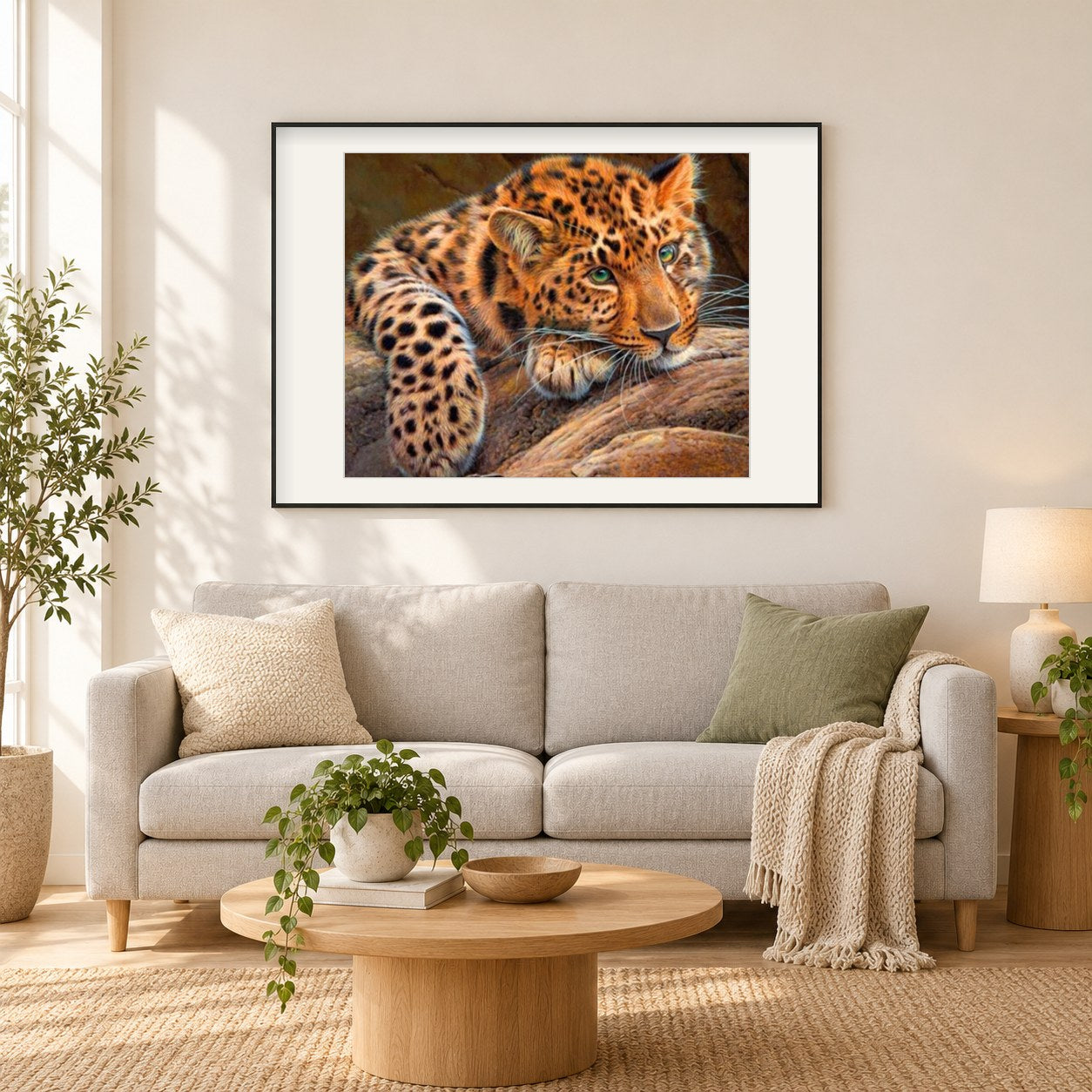 Grünäugiger Gepard als gerahmtes Diamond Painting im Wohnzimmer