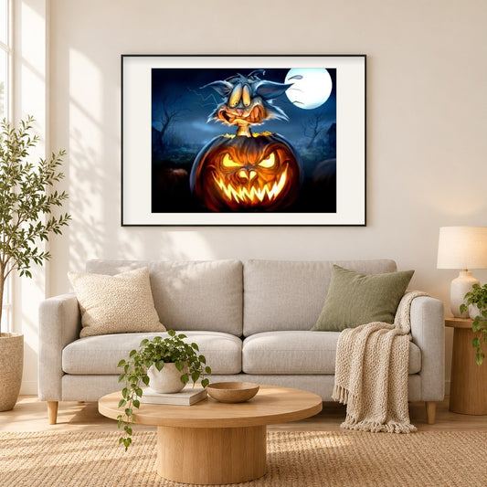 Gruselige Halloween-Nacht als gerahmtes Diamond Painting im Wohnzimmer