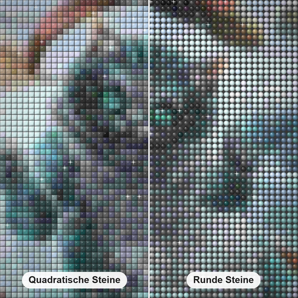 Gruselige Katzenfarbe mit Diamanten Diamond Painting Nahaufnahme mit quadratischen und runden Steinen
