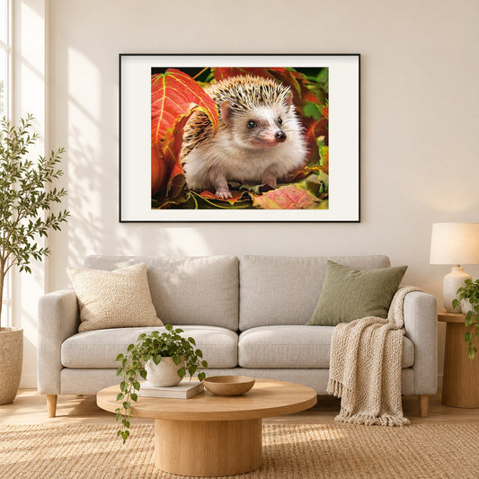 Herbst Igel als gerahmtes Diamond Painting im Wohnzimmer