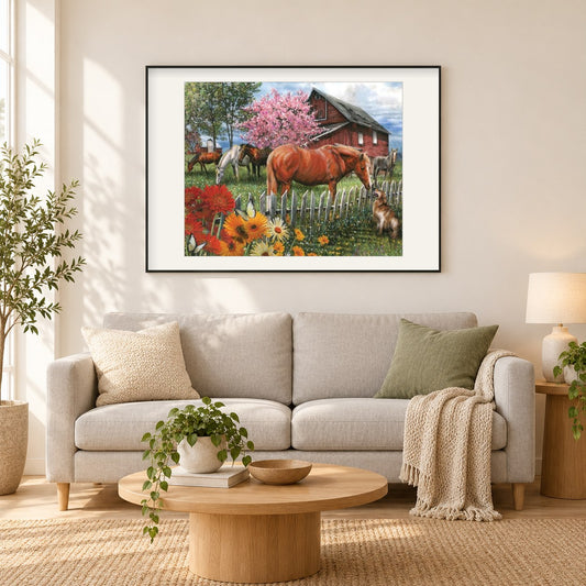 Hund & Pferde auf dem Bauernhof als gerahmtes Diamond Painting im Wohnzimmer