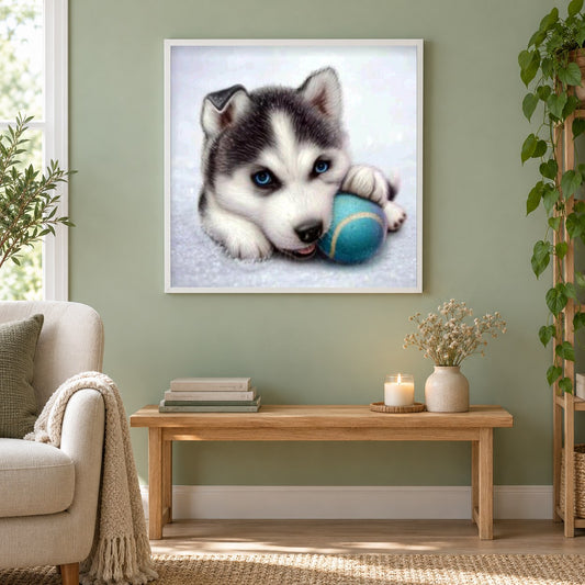 Husky Welpe als gerahmtes Diamond Painting im Wohnzimmer