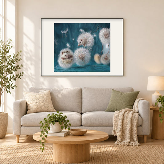 Igel Löwenzahn Daimond painting als gerahmtes Diamond Painting im Wohnzimmer