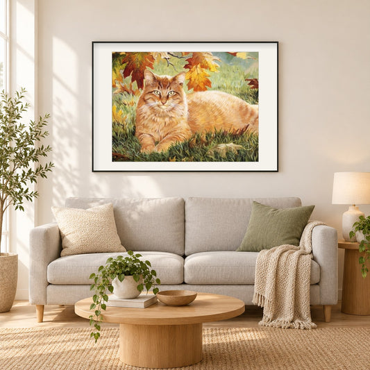 Ingwer Katze als gerahmtes Diamond Painting im Wohnzimmer