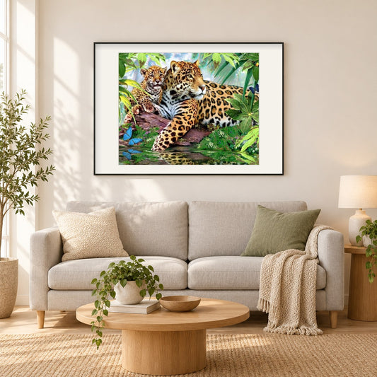 Jaguar mit Baby als gerahmtes Diamond Painting im Wohnzimmer