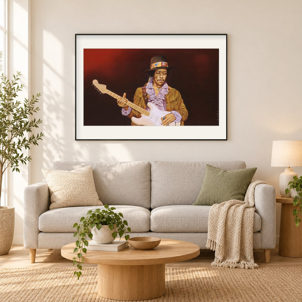 Jimi Hendrix -  Kunst des Eric Wilson als gerahmtes Diamond Painting im Wohnzimmer