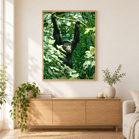 Junger Gorilla -  Kunst des Eric Wilson als gerahmtes Diamond Painting im Wohnzimmer