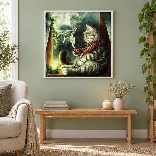 Katze raucht Zigarre als gerahmtes Diamond Painting im Wohnzimmer