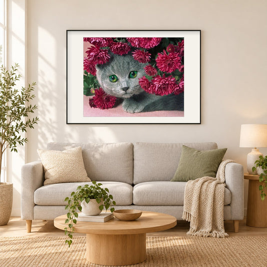Katze versteckt sich in Blumen als gerahmtes Diamond Painting im Wohnzimmer