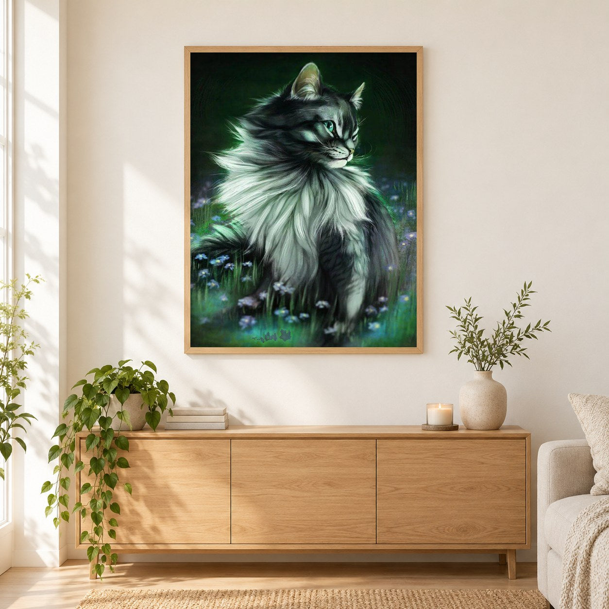 Katze voller Drill als gerahmtes Diamond Painting im Wohnzimmer
