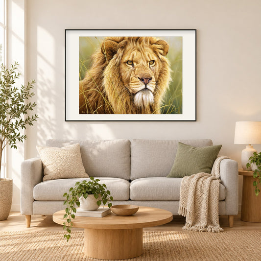 König der Bestien -  Kunst des Eric Wilson als gerahmtes Diamond Painting im Wohnzimmer