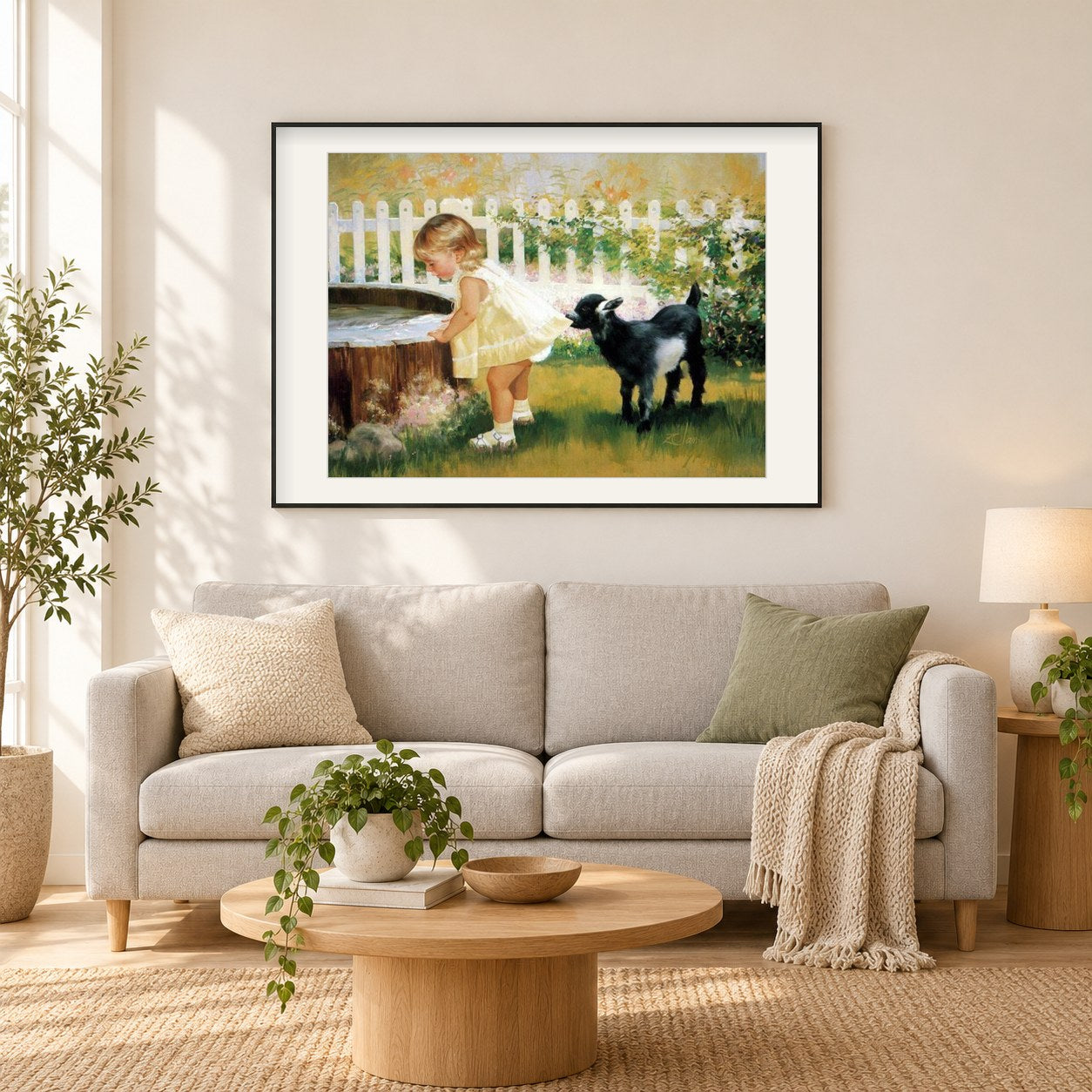 Kleines Mädchen mit Lampe als gerahmtes Diamond Painting im Wohnzimmer