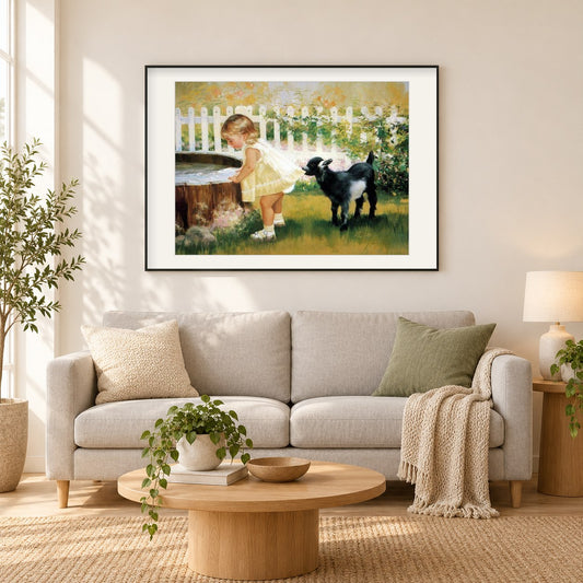 Kleines Mädchen mit Lampe als gerahmtes Diamond Painting im Wohnzimmer