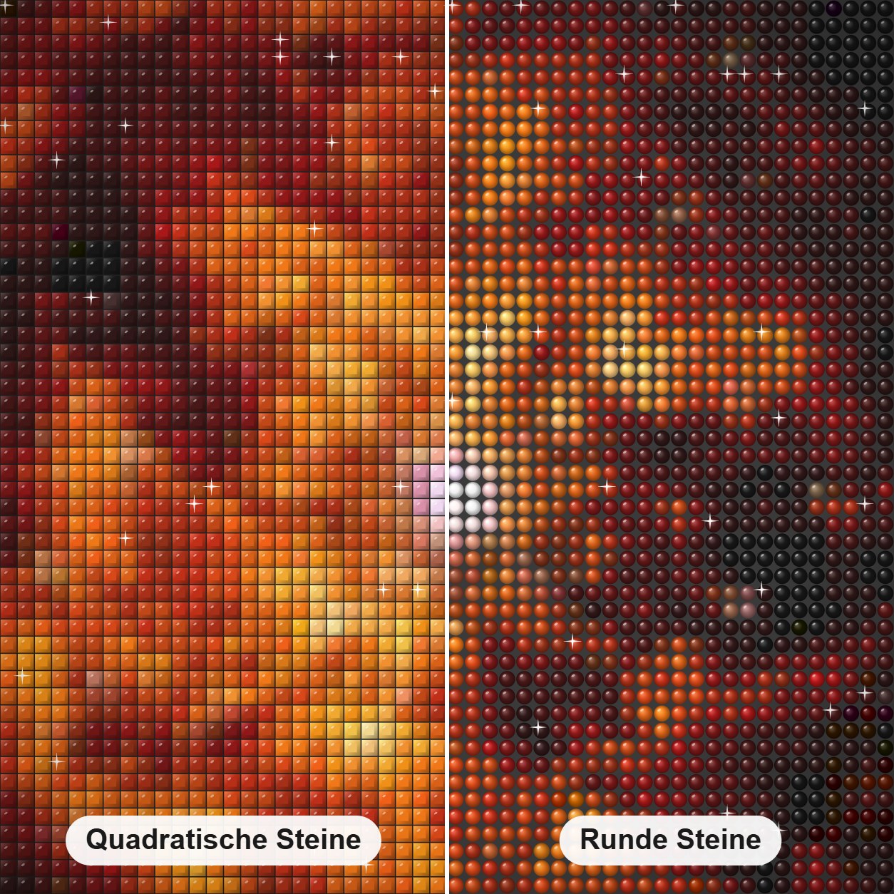 Kosmisches Paar Diamond Painting Nahaufnahme mit quadratischen und runden Steinen