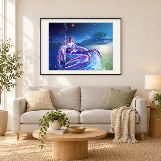 Krebs Tierkreis als gerahmtes Diamond Painting im Wohnzimmer