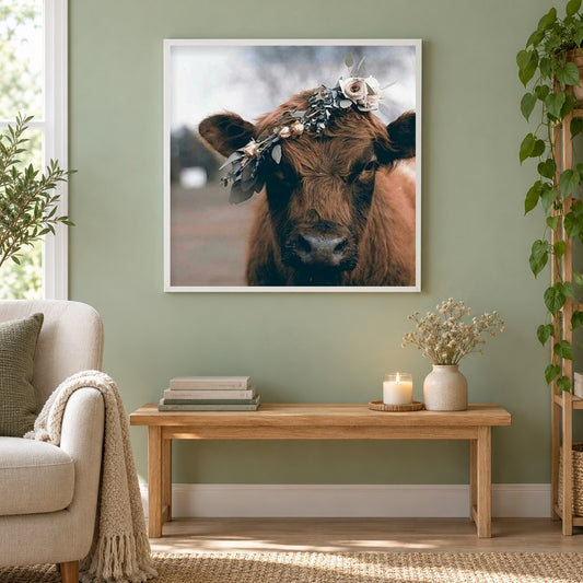 Kuh trägt Blumen Krone als gerahmtes Diamond Painting im Wohnzimmer