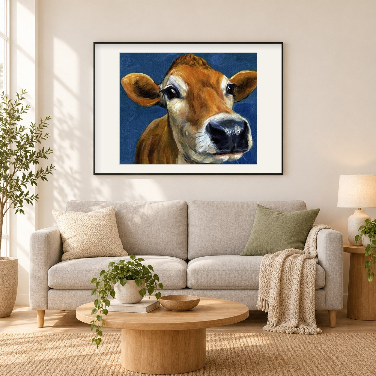 Kuhgesicht aus der Nähe als gerahmtes Diamond Painting im Wohnzimmer