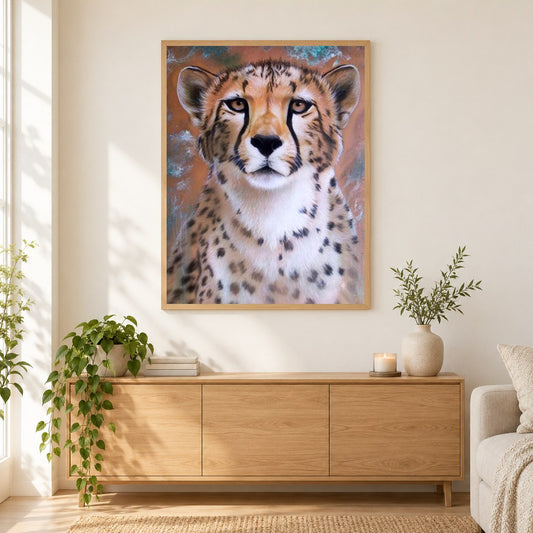 Kupfer Flash-Gepard als gerahmtes Diamond Painting im Wohnzimmer