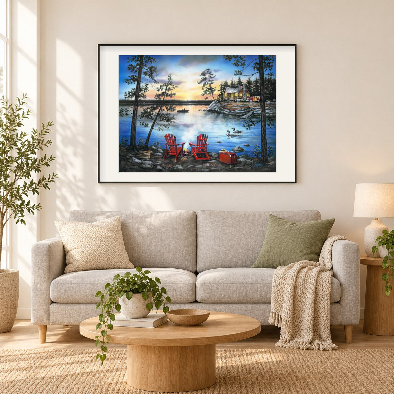Rückzugsort am See -Kunst des Robert Andrea als gerahmtes Diamond Painting im Wohnzimmer