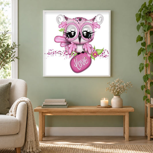 Liebe Eule Karikatur als gerahmtes Diamond Painting im Wohnzimmer