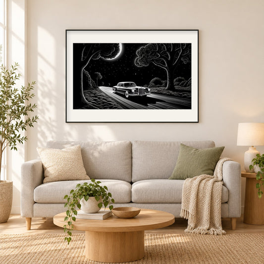 Lange Fahrt in einer sternenklaren Nacht als gerahmtes Diamond Painting im Wohnzimmer